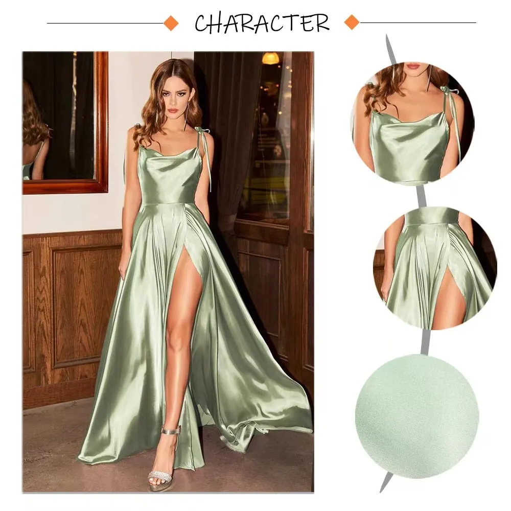 Women Spaghetti Strap Satin Prom Dress Long Elegant Mint Green