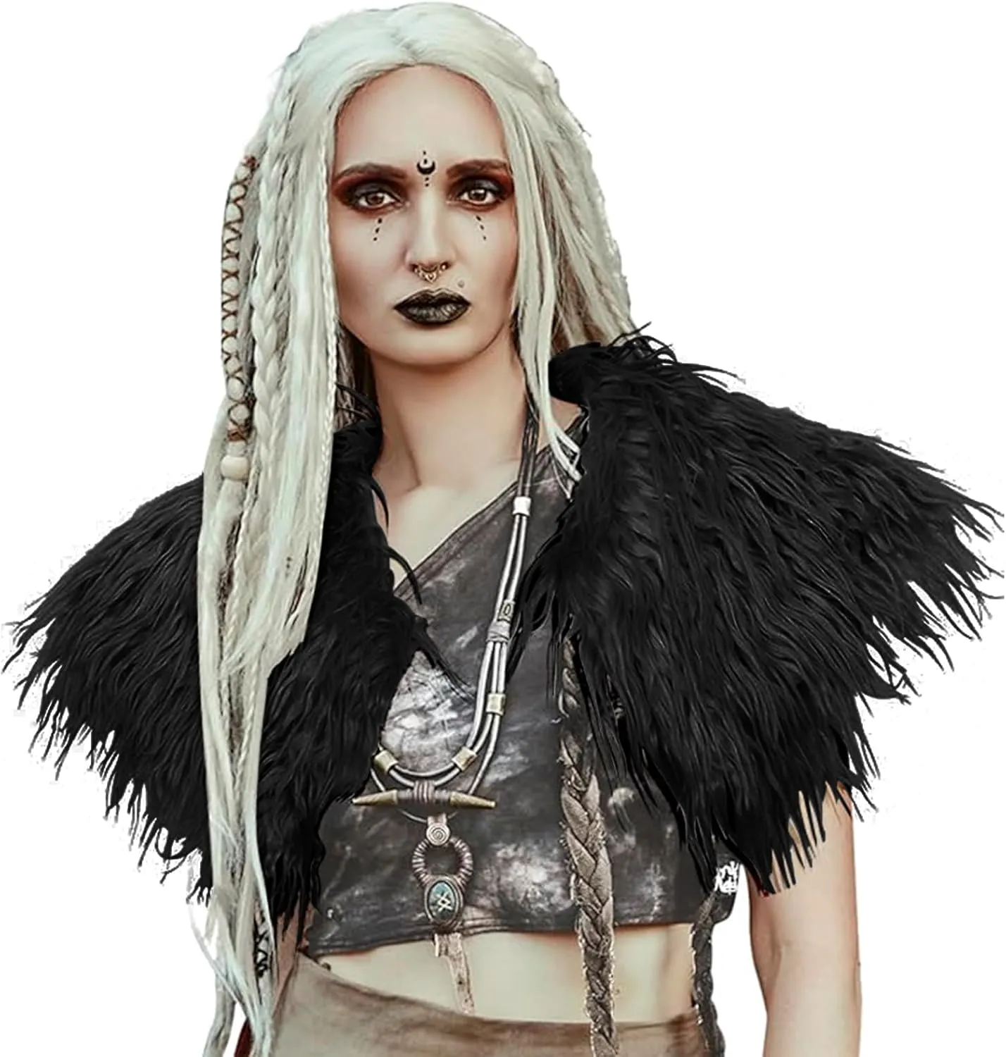 Women Viking Queen Faux Fur Shoulder Cape Warrior Shawl Collar Winter Warm Shoulder Wrap Nordic Halloween Costume Cloak