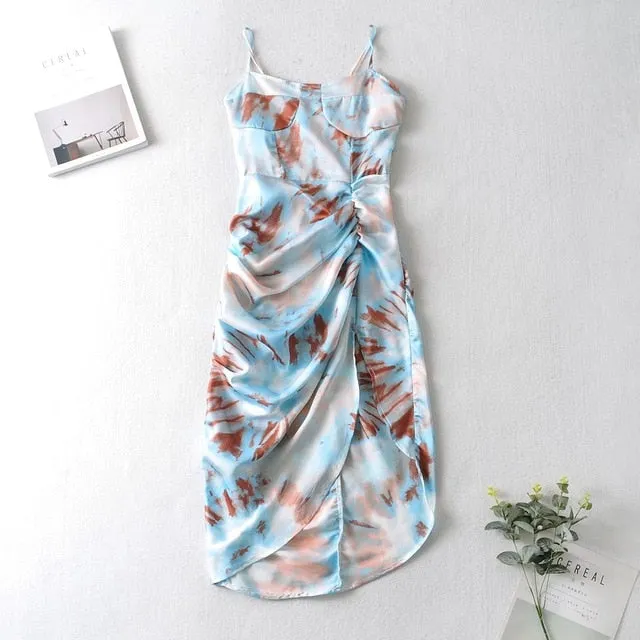 Women Vintage Yellow Tie dye Flower print  Spaghetti Strap Dress Hem Slim Waist Slit Irregular Long Dresses Sling Vestido