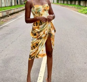 Women Vintage Yellow Tie dye Flower print  Spaghetti Strap Dress Hem Slim Waist Slit Irregular Long Dresses Sling Vestido