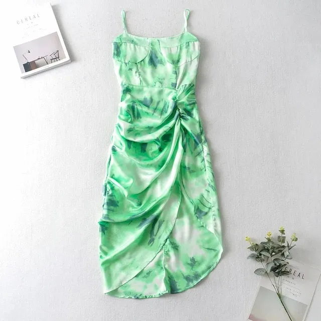 Women Vintage Yellow Tie dye Flower print  Spaghetti Strap Dress Hem Slim Waist Slit Irregular Long Dresses Sling Vestido