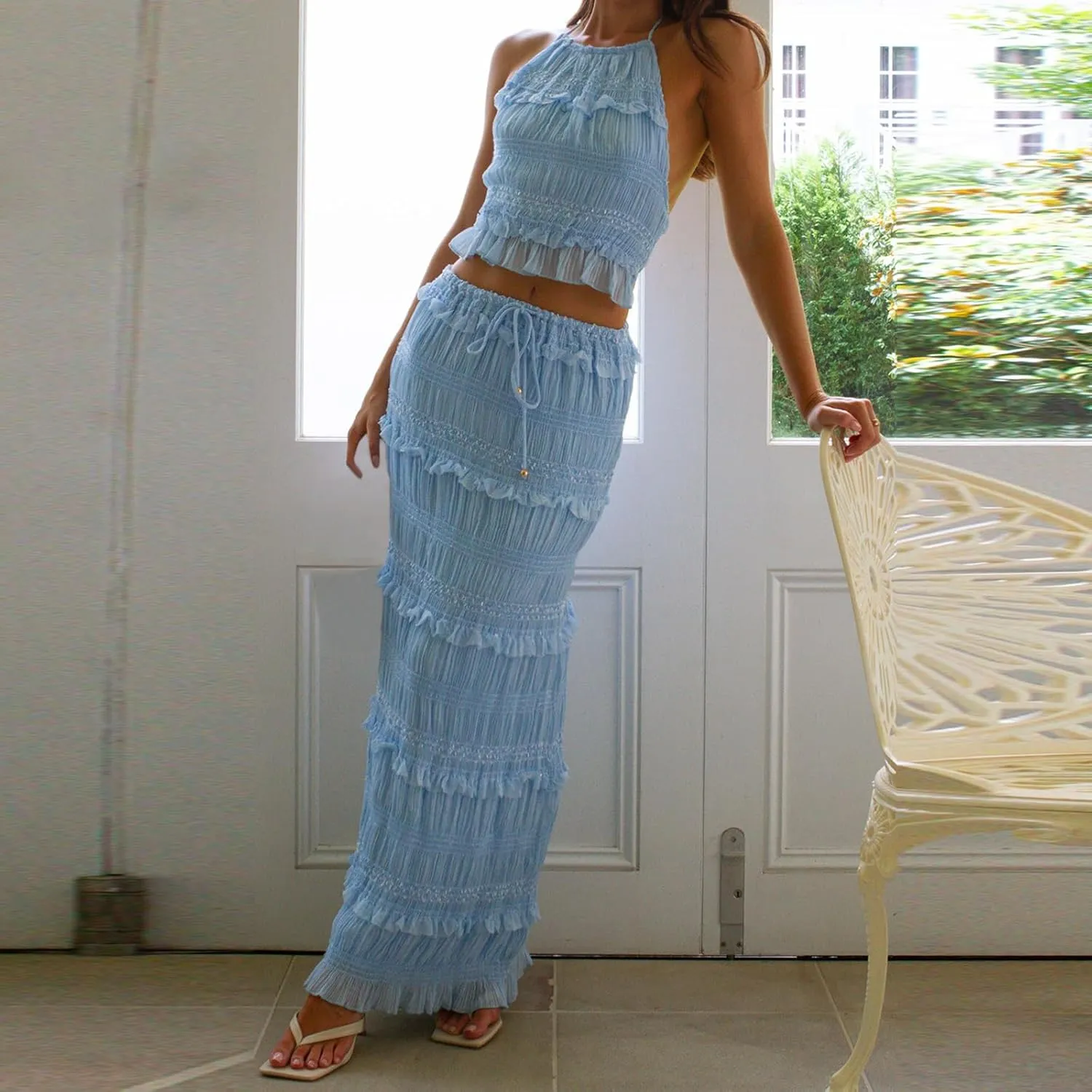 Women Y2k Maxi Skirt Sets Sleeveless Halter Top and Ruffle Tiered Long Skirt Outfits Elegant 2 Piece Beachwear