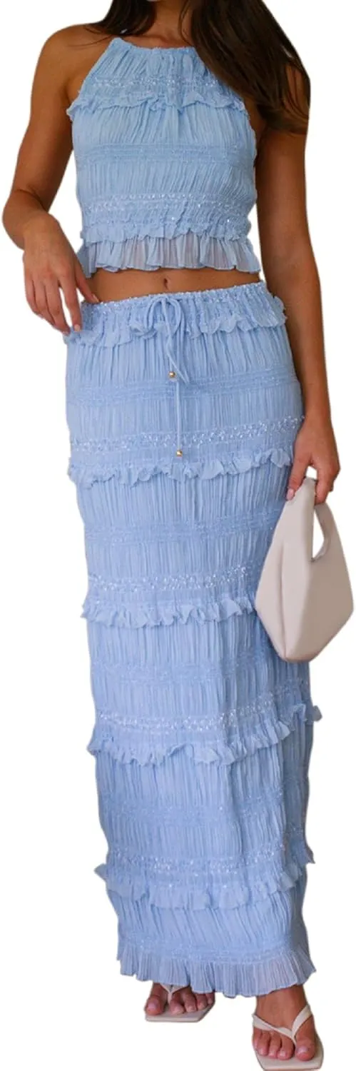 Women Y2k Maxi Skirt Sets Sleeveless Halter Top and Ruffle Tiered Long Skirt Outfits Elegant 2 Piece Beachwear