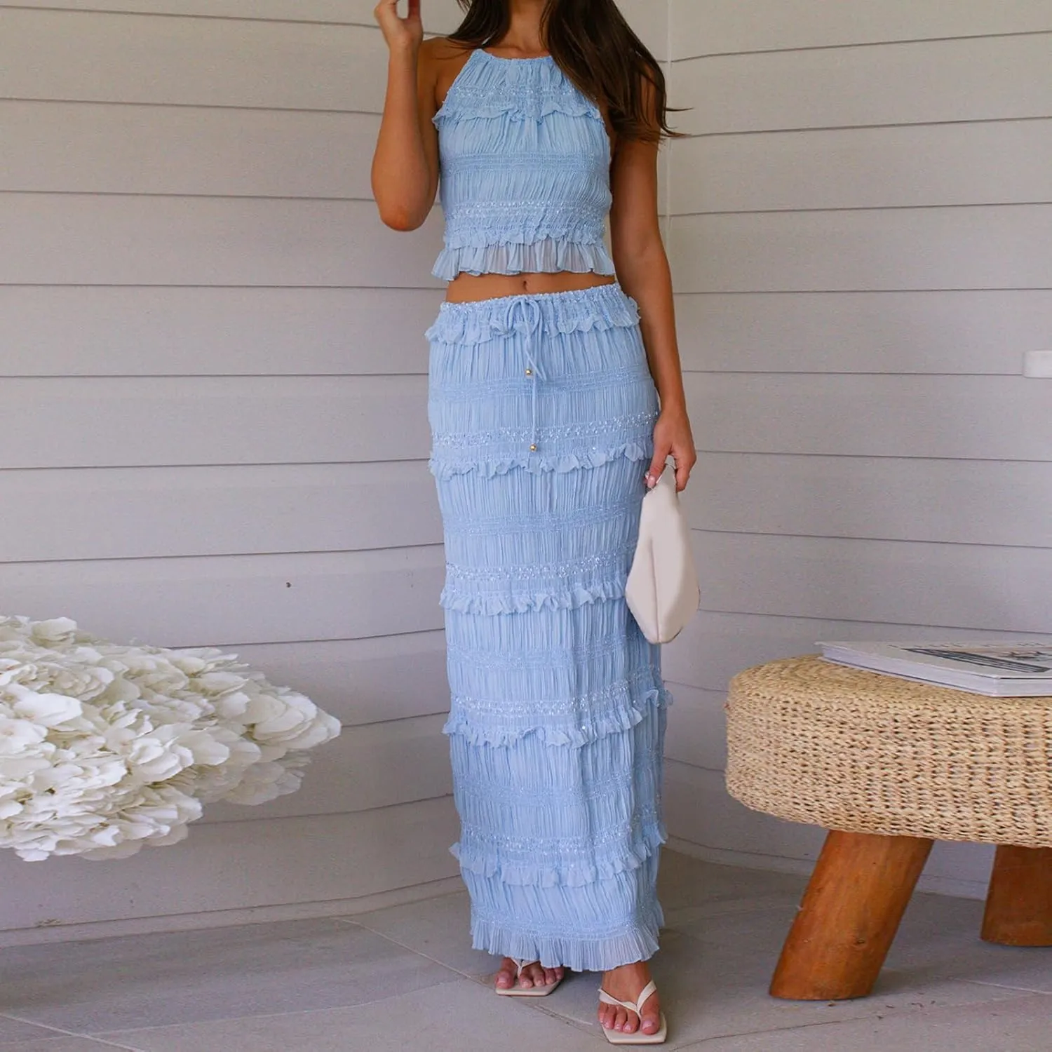 Women Y2k Maxi Skirt Sets Sleeveless Halter Top and Ruffle Tiered Long Skirt Outfits Elegant 2 Piece Beachwear