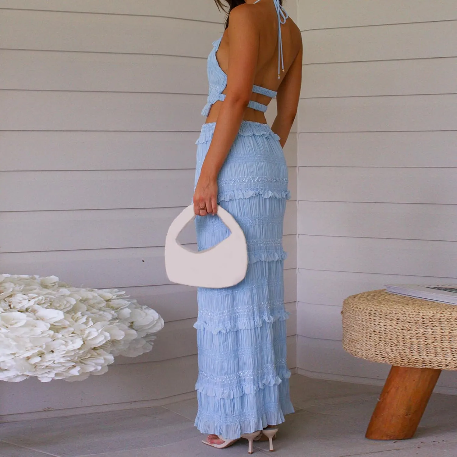 Women Y2k Maxi Skirt Sets Sleeveless Halter Top and Ruffle Tiered Long Skirt Outfits Elegant 2 Piece Beachwear