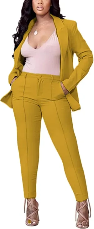 Women's 2 Piece Outfit Deep V Long Sleeve Solid Color Blazer with Pants Elegant Business Suit Sets