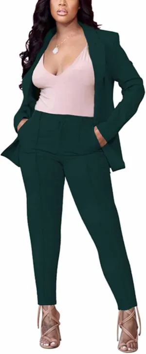Women's 2 Piece Outfit Deep V Long Sleeve Solid Color Blazer with Pants Elegant Business Suit Sets