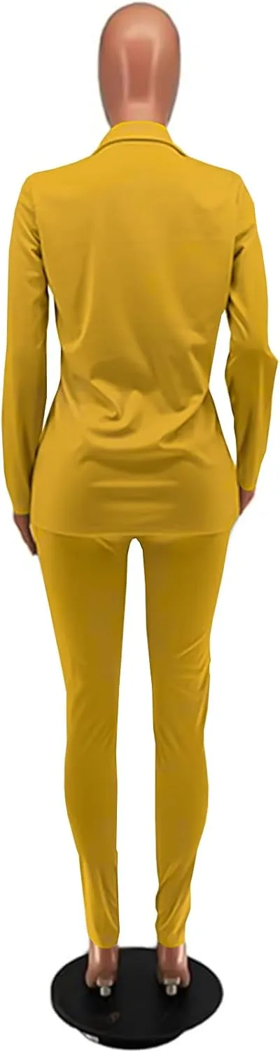 Women's 2 Piece Outfit Deep V Long Sleeve Solid Color Blazer with Pants Elegant Business Suit Sets
