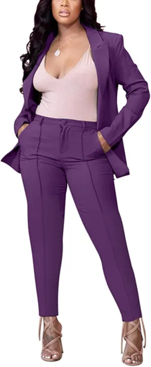 Women's 2 Piece Outfit Deep V Long Sleeve Solid Color Blazer with Pants Elegant Business Suit Sets