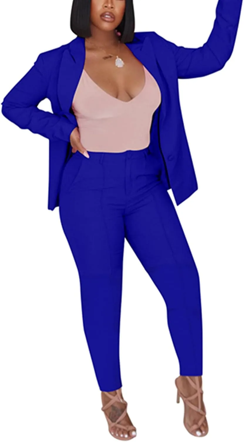 Women's 2 Piece Outfit Deep V Long Sleeve Solid Color Blazer with Pants Elegant Business Suit Sets