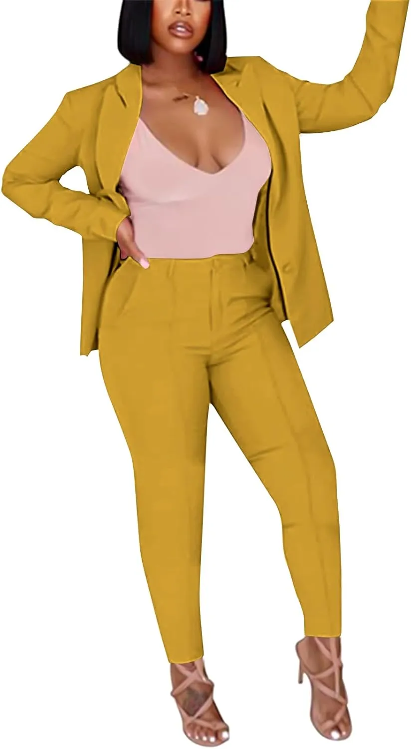 Women's 2 Piece Outfit Deep V Long Sleeve Solid Color Blazer with Pants Elegant Business Suit Sets
