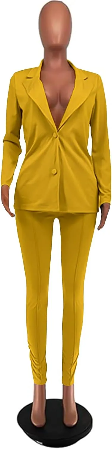 Women's 2 Piece Outfit Deep V Long Sleeve Solid Color Blazer with Pants Elegant Business Suit Sets