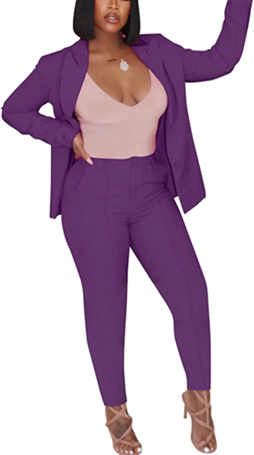 Women's 2 Piece Outfit Deep V Long Sleeve Solid Color Blazer with Pants Elegant Business Suit Sets