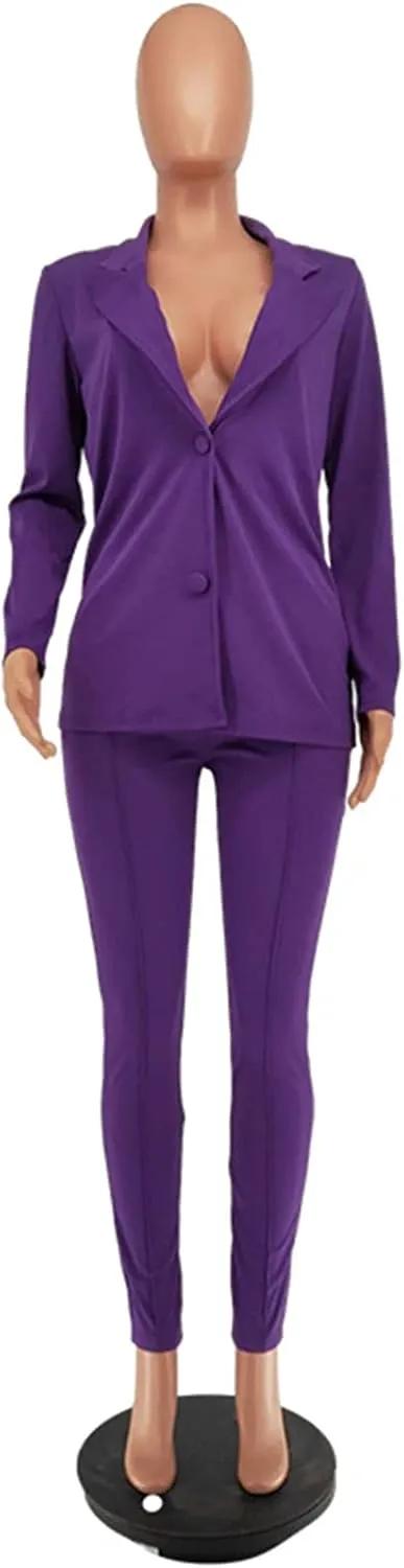 Women's 2 Piece Outfit Deep V Long Sleeve Solid Color Blazer with Pants Elegant Business Suit Sets
