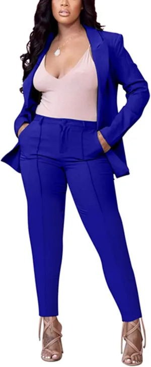 Women's 2 Piece Outfit Deep V Long Sleeve Solid Color Blazer with Pants Elegant Business Suit Sets