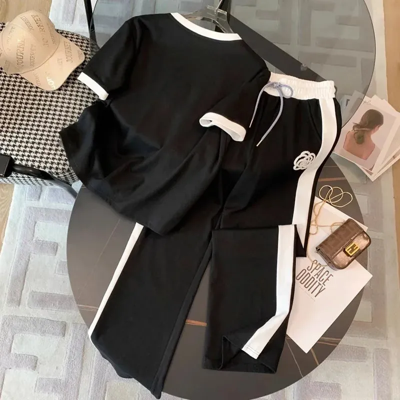 Women’s 2-Piece Tracksuit Set – Short Sleeve Tee & Full-Length Pants with Pockets