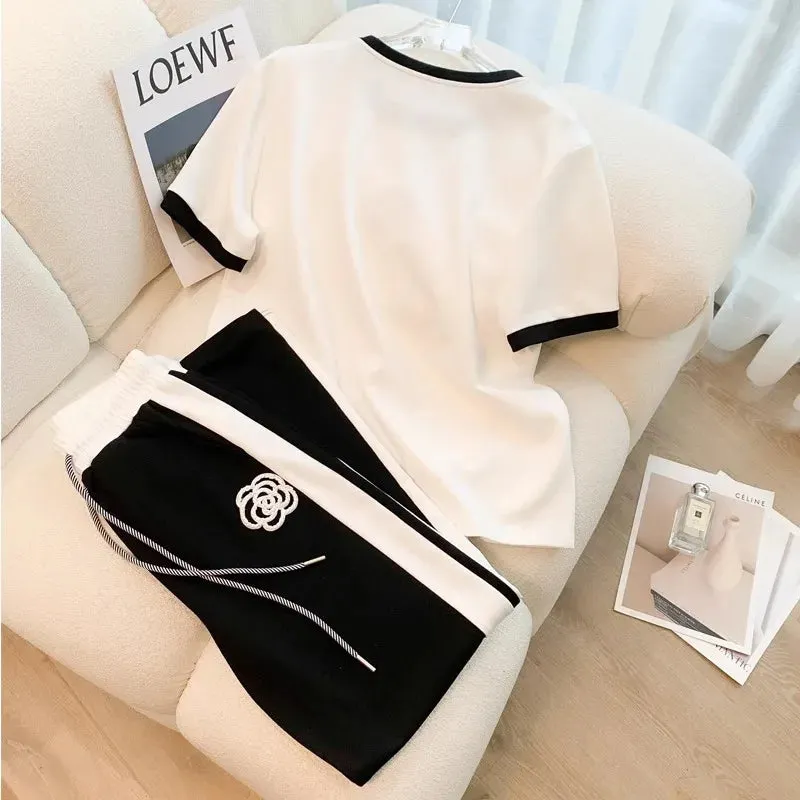 Women’s 2-Piece Tracksuit Set – Short Sleeve Tee & Full-Length Pants with Pockets