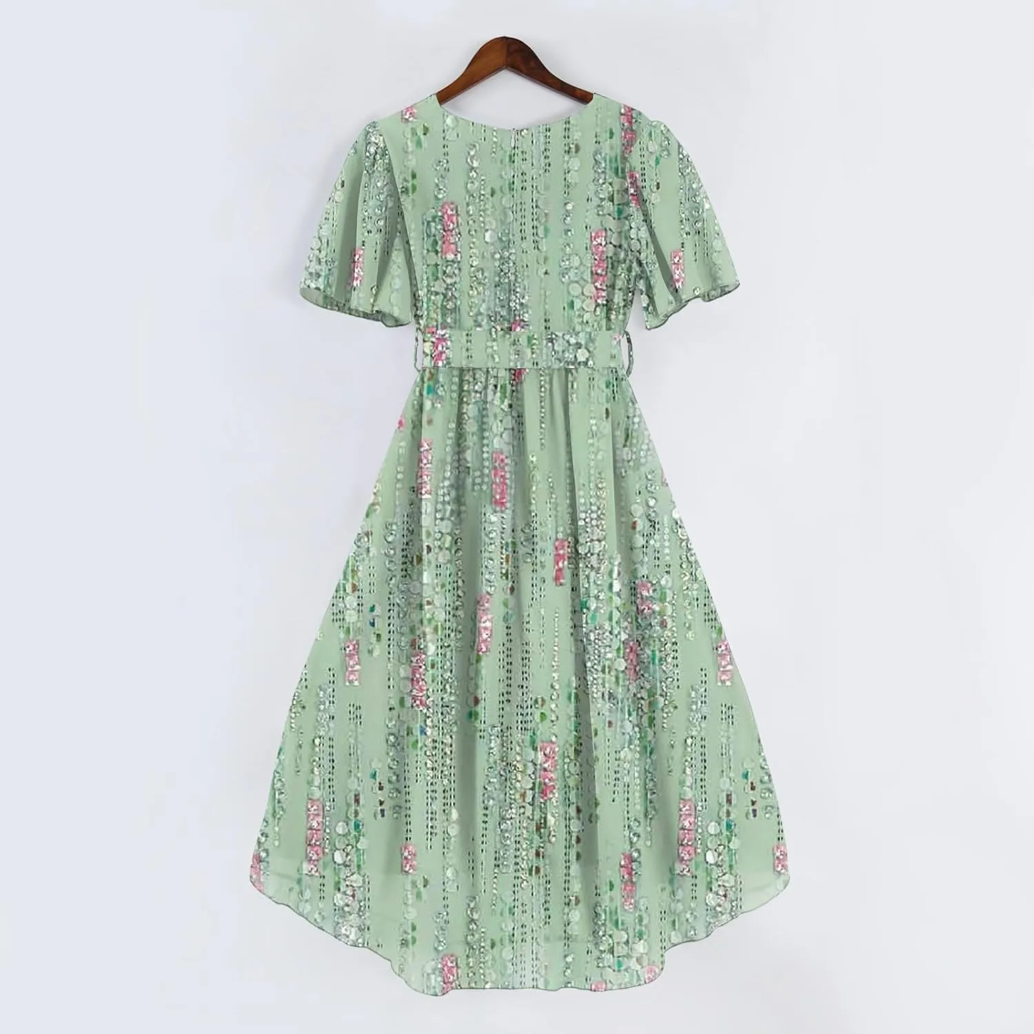 Womens Boho Floral Printed Chiffon Dresses Elegant V Neck Belted Summer Wedding Prom Cocktail Flowy Midi Dress