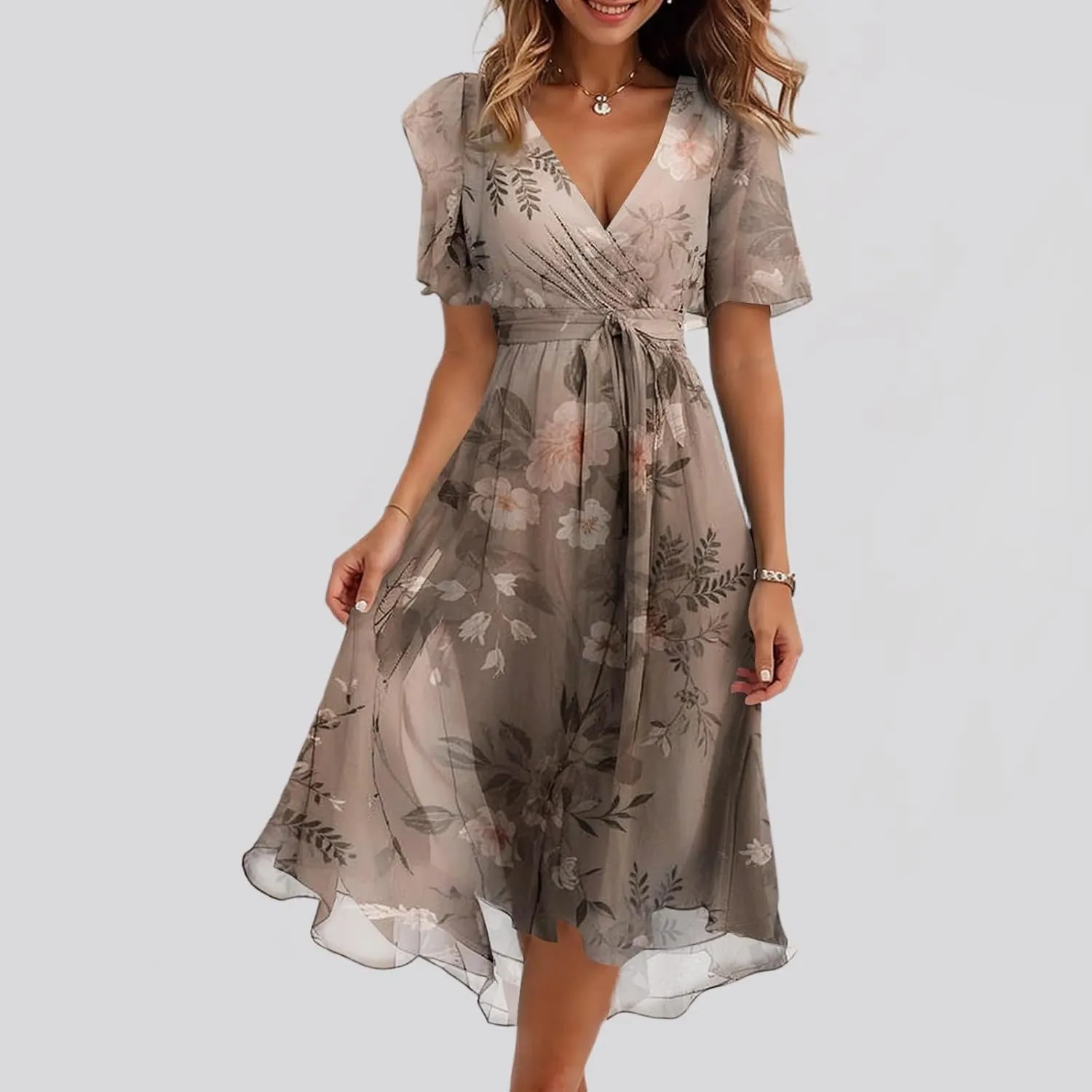 Womens Boho Floral Printed Chiffon Dresses Elegant V Neck Belted Summer Wedding Prom Cocktail Flowy Midi Dress