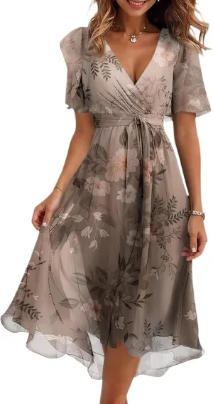 Womens Boho Floral Printed Chiffon Dresses Elegant V Neck Belted Summer Wedding Prom Cocktail Flowy Midi Dress