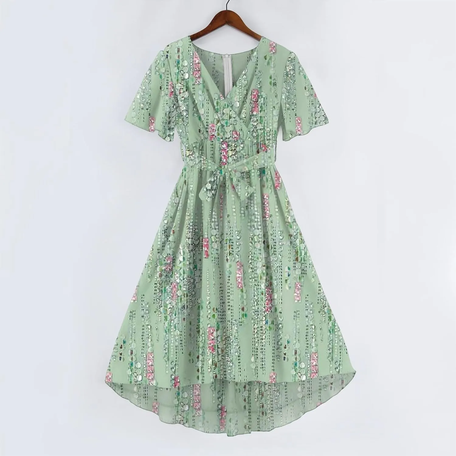 Womens Boho Floral Printed Chiffon Dresses Elegant V Neck Belted Summer Wedding Prom Cocktail Flowy Midi Dress