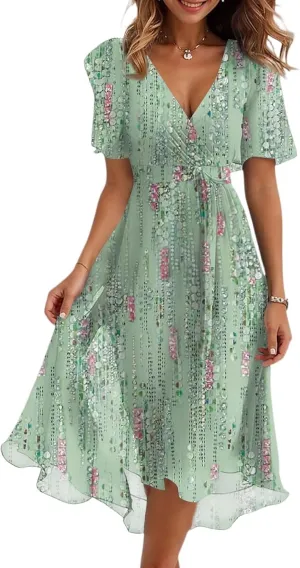 Womens Boho Floral Printed Chiffon Dresses Elegant V Neck Belted Summer Wedding Prom Cocktail Flowy Midi Dress