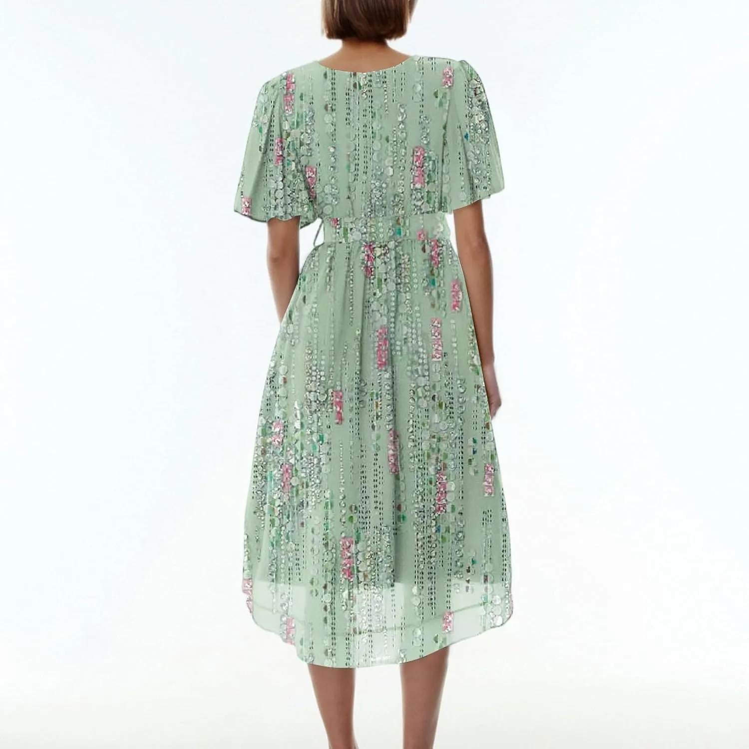 Womens Boho Floral Printed Chiffon Dresses Elegant V Neck Belted Summer Wedding Prom Cocktail Flowy Midi Dress