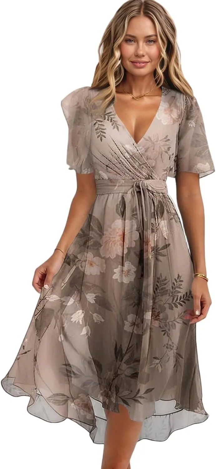 Womens Boho Floral Printed Chiffon Dresses Elegant V Neck Belted Summer Wedding Prom Cocktail Flowy Midi Dress