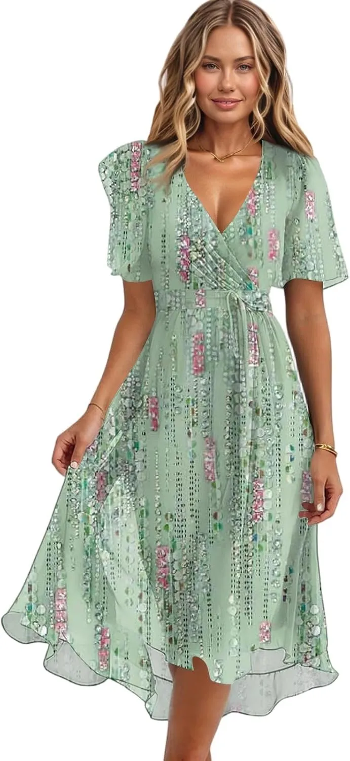 Womens Boho Floral Printed Chiffon Dresses Elegant V Neck Belted Summer Wedding Prom Cocktail Flowy Midi Dress