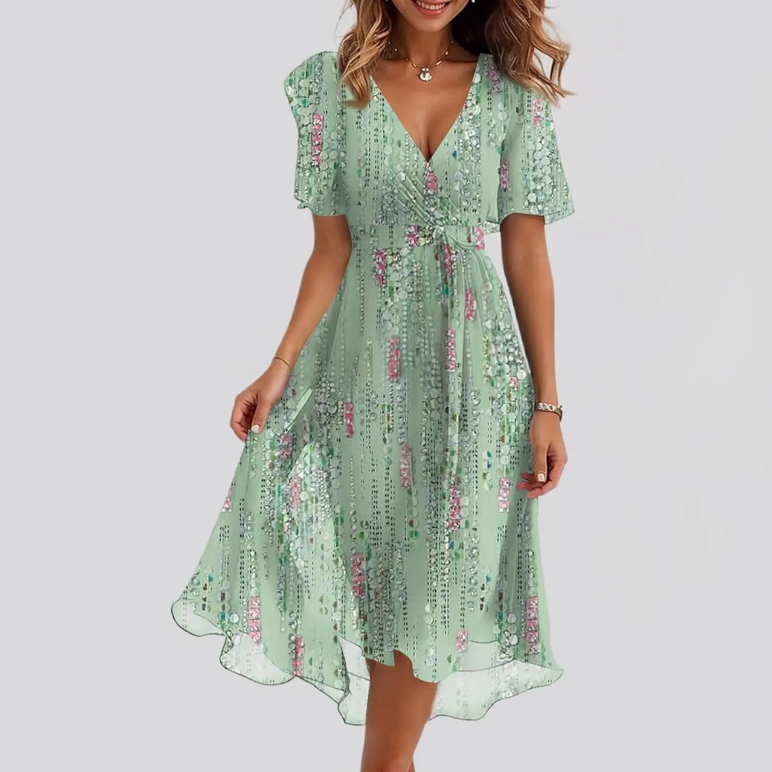 Womens Boho Floral Printed Chiffon Dresses Elegant V Neck Belted Summer Wedding Prom Cocktail Flowy Midi Dress