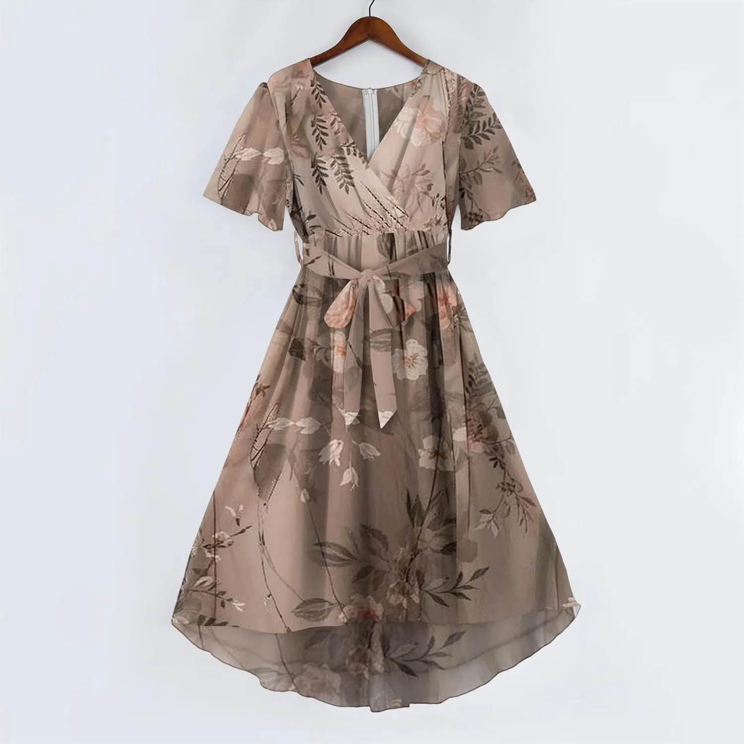 Womens Boho Floral Printed Chiffon Dresses Elegant V Neck Belted Summer Wedding Prom Cocktail Flowy Midi Dress