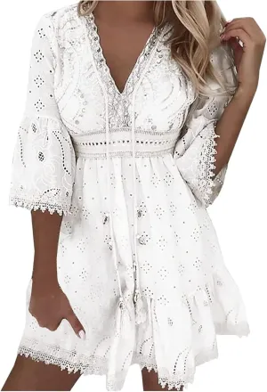 Women's Boho Lace Dress,2025 Spring Summer Vacation Aline Dresses V Neck Half Sleeve Beach Ruffle Pleated Dress Loose