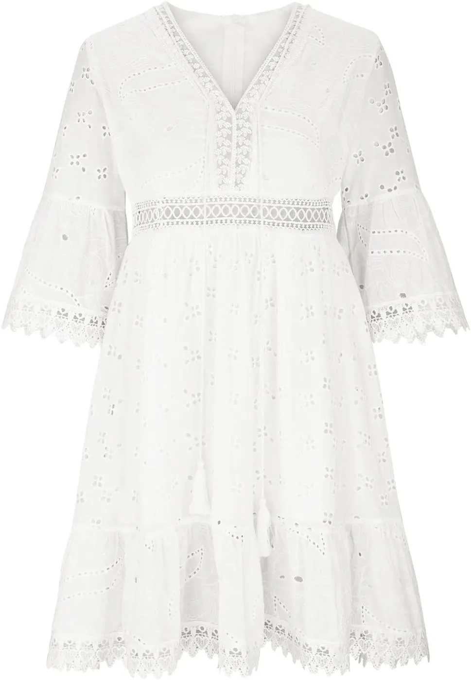Women's Boho Lace Dress,2025 Spring Summer Vacation Aline Dresses V Neck Half Sleeve Beach Ruffle Pleated Dress Loose
