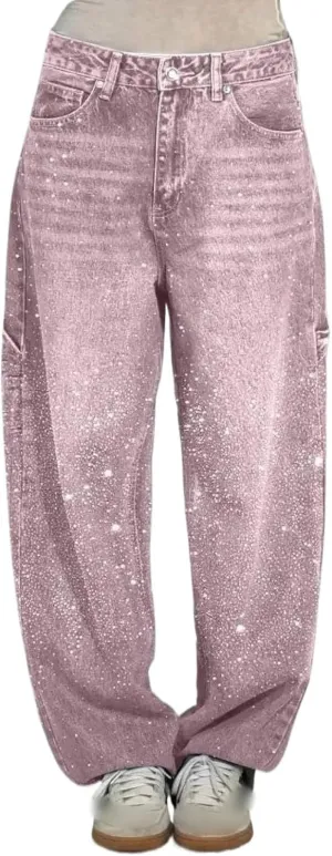 Women's Casual Rhinestone Loose Harem Jeans, Jeans with Rhinestones for Women, Straight Wide Leg Bling Denim Pants