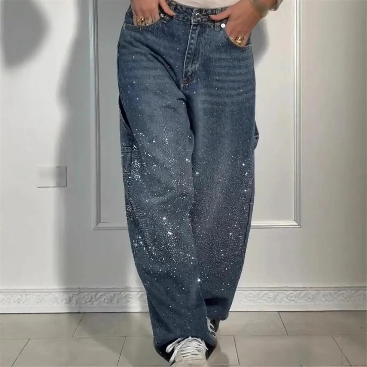 Women's Casual Rhinestone Loose Harem Jeans, Jeans with Rhinestones for Women, Straight Wide Leg Bling Denim Pants