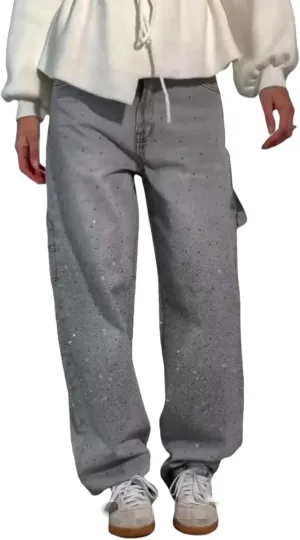 Women's Casual Rhinestone Loose Harem Jeans, Jeans with Rhinestones for Women, Straight Wide Leg Bling Denim Pants
