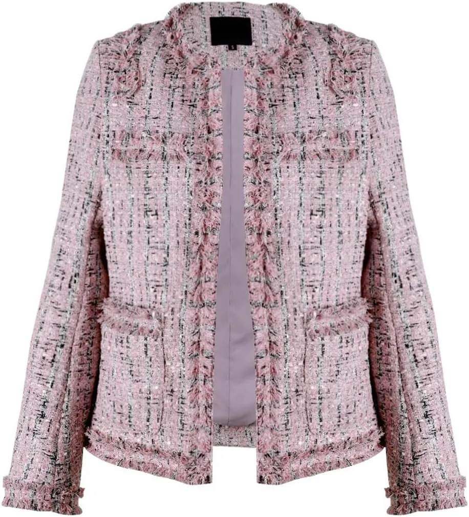 Women's Collarless Plaid Tweed Blazer Elegant Open Front Fringed Casual Business Glitter Jacket