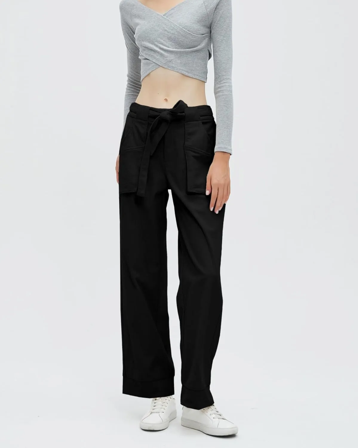 Women's Corduroy Pants Straight Leg Elastic High Waist Belt Cord Pants Trousers with Pockets