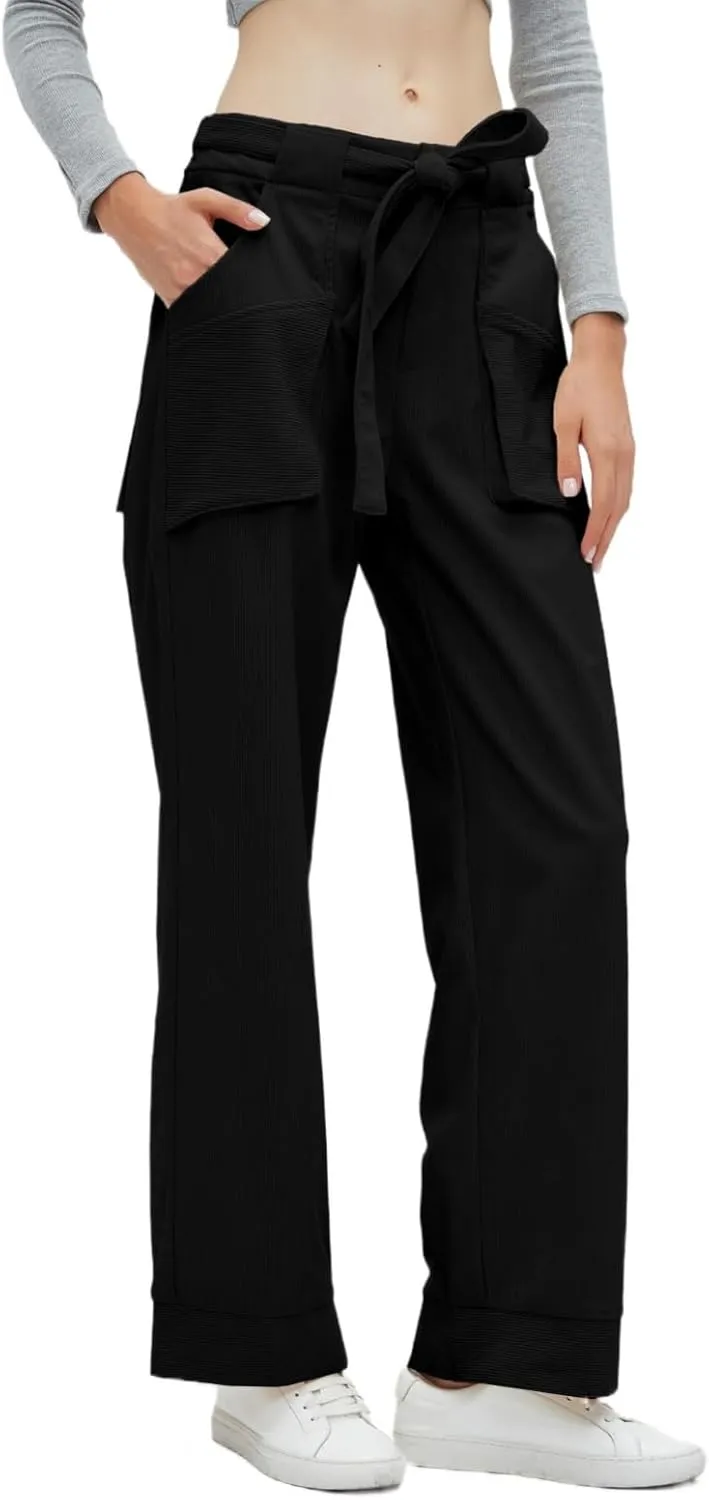 Women's Corduroy Pants Straight Leg Elastic High Waist Belt Cord Pants Trousers with Pockets