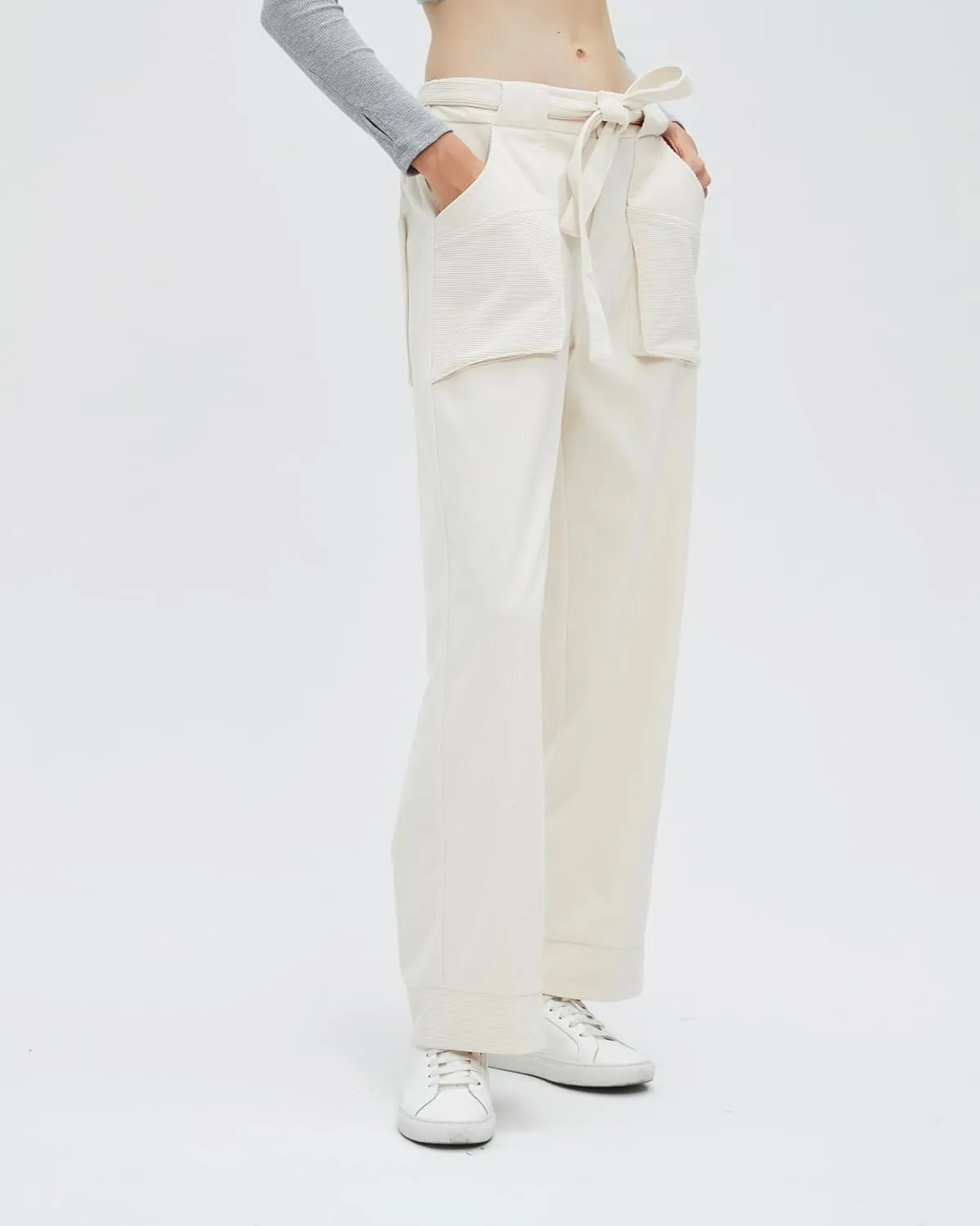 Women's Corduroy Pants Straight Leg Elastic High Waist Belt Cord Pants Trousers with Pockets