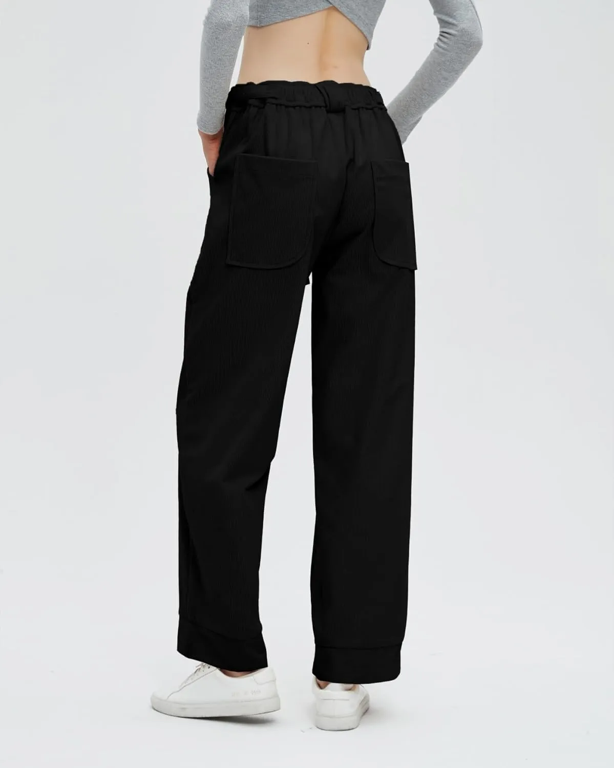 Women's Corduroy Pants Straight Leg Elastic High Waist Belt Cord Pants Trousers with Pockets