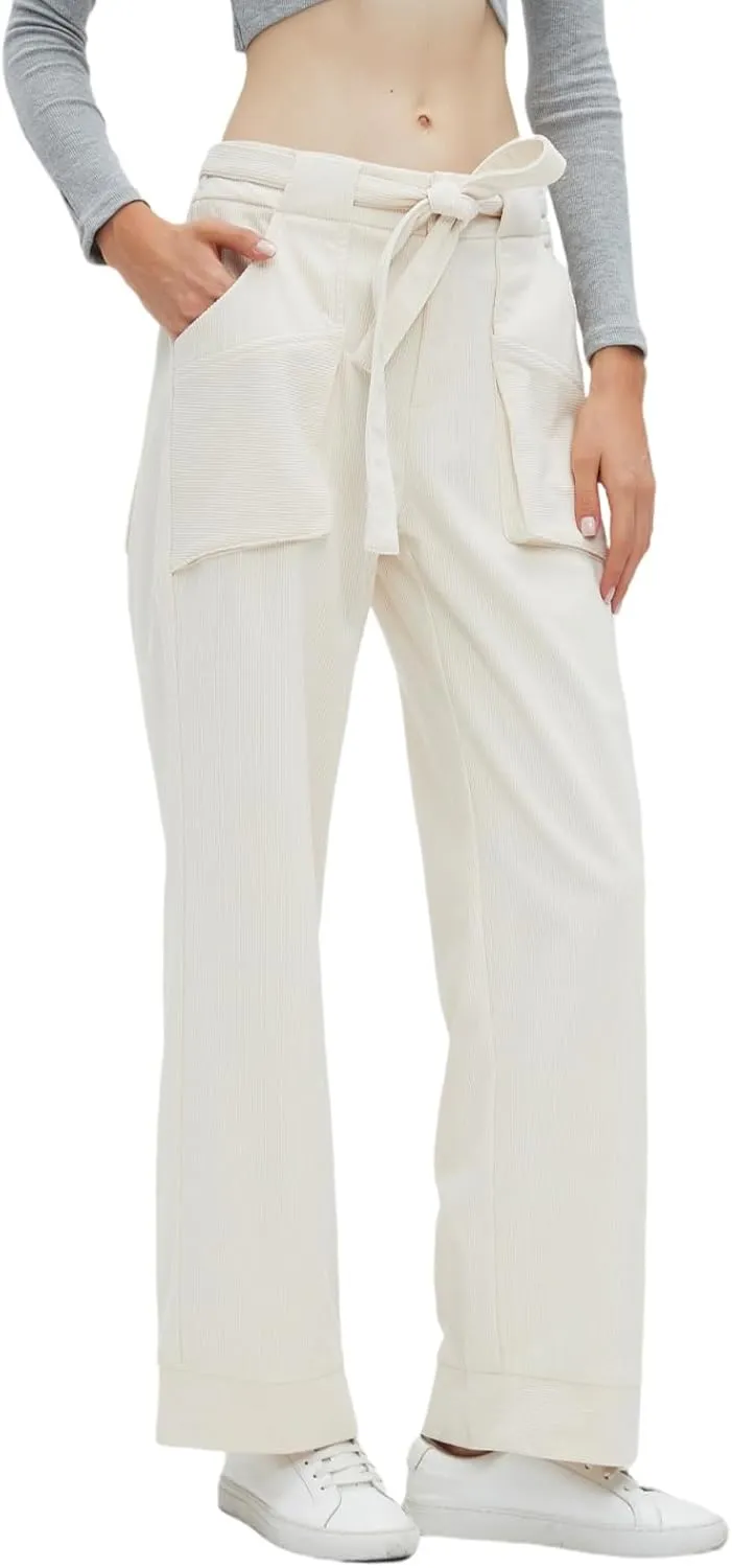 Women's Corduroy Pants Straight Leg Elastic High Waist Belt Cord Pants Trousers with Pockets