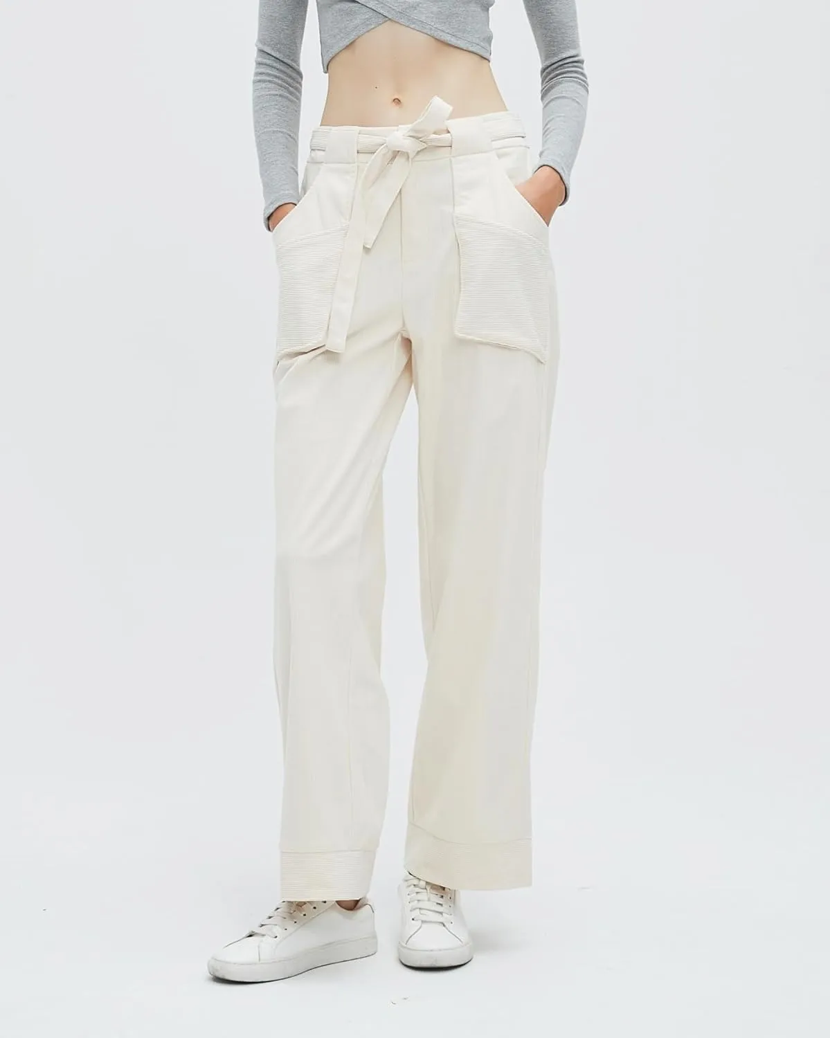 Women's Corduroy Pants Straight Leg Elastic High Waist Belt Cord Pants Trousers with Pockets