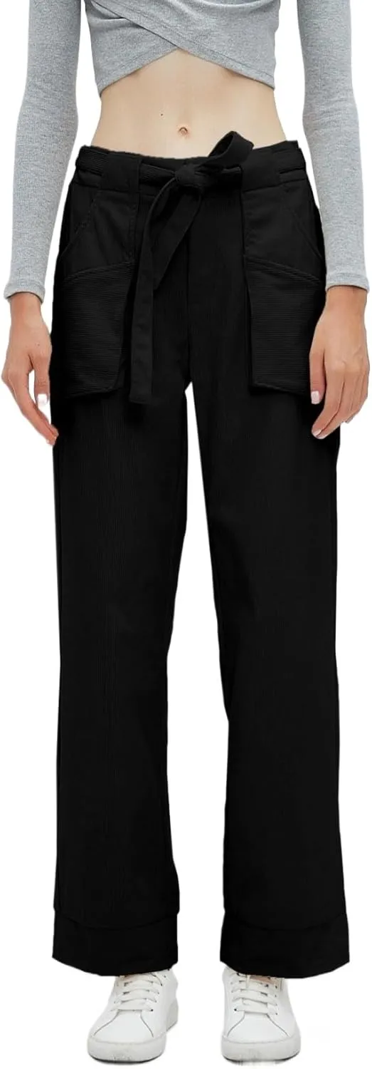 Women's Corduroy Pants Straight Leg Elastic High Waist Belt Cord Pants Trousers with Pockets