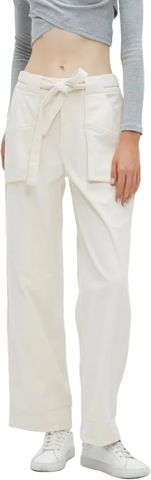 Women's Corduroy Pants Straight Leg Elastic High Waist Belt Cord Pants Trousers with Pockets