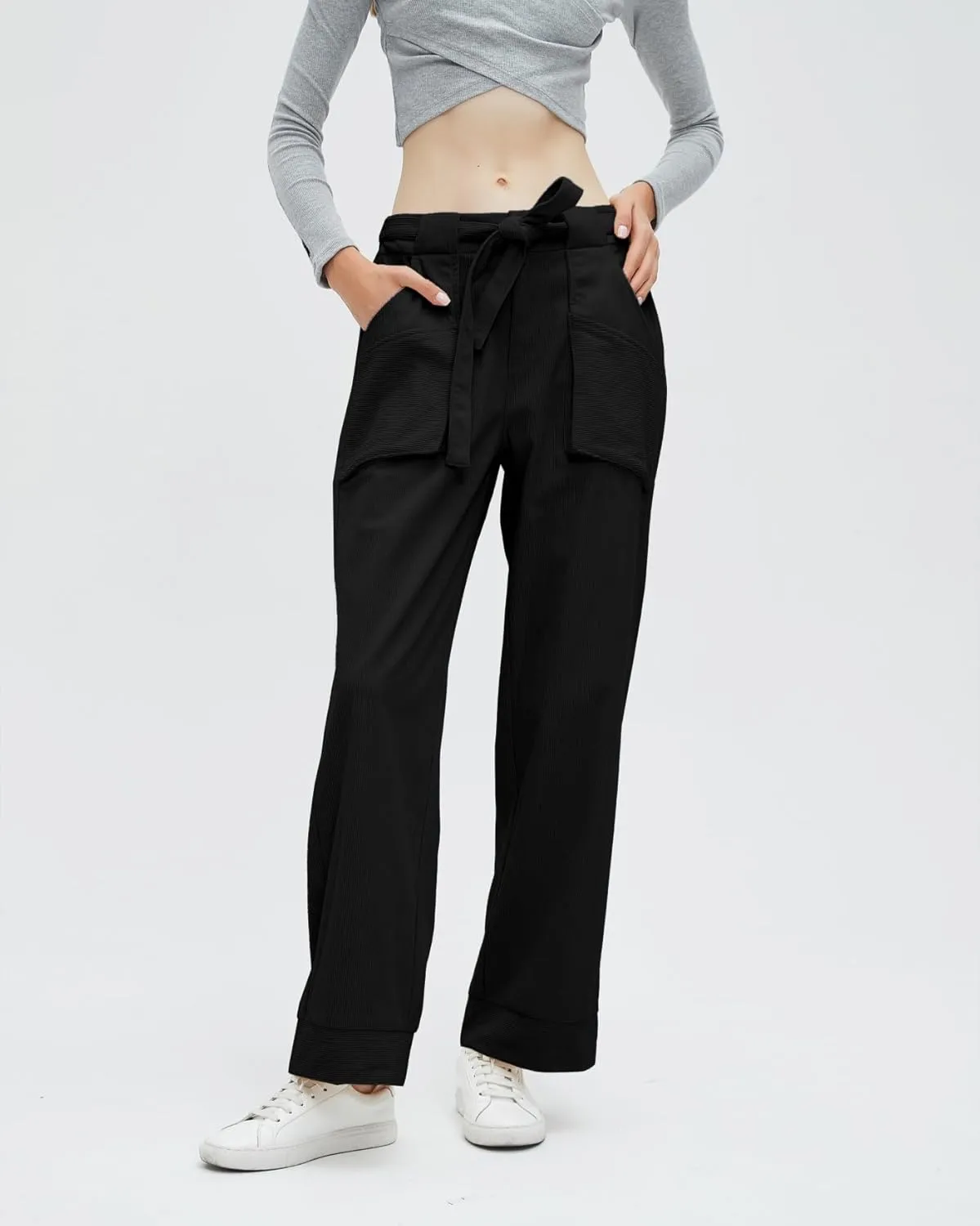 Women's Corduroy Pants Straight Leg Elastic High Waist Belt Cord Pants Trousers with Pockets