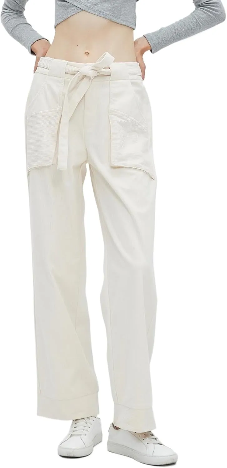 Women's Corduroy Pants Straight Leg Elastic High Waist Belt Cord Pants Trousers with Pockets
