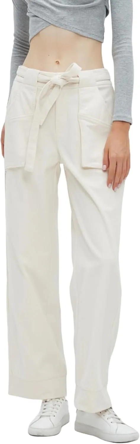 Women's Corduroy Pants Straight Leg Elastic High Waist Belt Cord Pants Trousers with Pockets