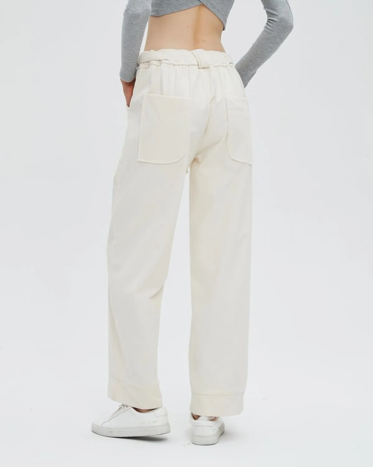 Women's Corduroy Pants Straight Leg Elastic High Waist Belt Cord Pants Trousers with Pockets
