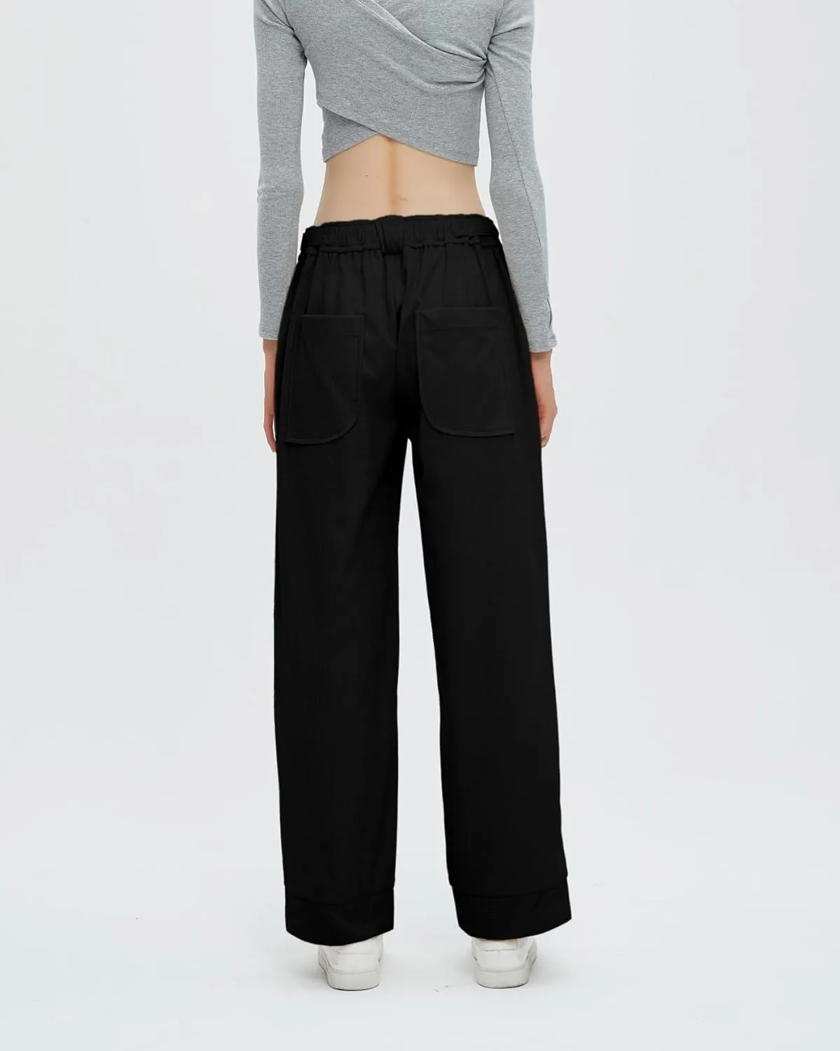 Women's Corduroy Pants Straight Leg Elastic High Waist Belt Cord Pants Trousers with Pockets